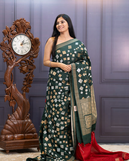 Banaras Silk Saree Gold & Silver Zari Butties and Border - Bottle Green