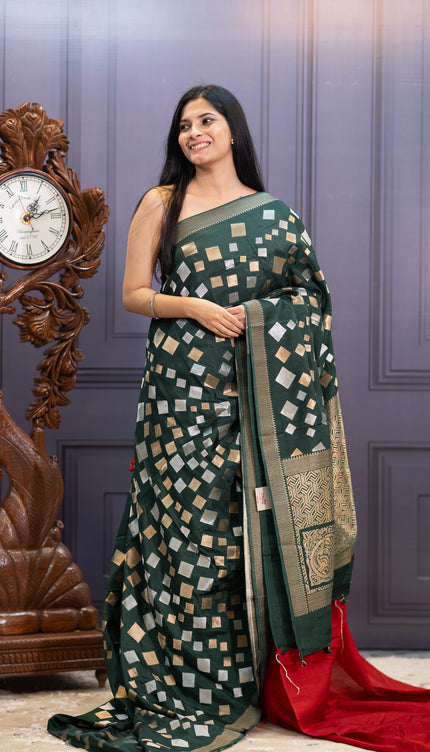 Banaras Silk Saree Gold & Silver Zari Butties and Border - Bottle Green