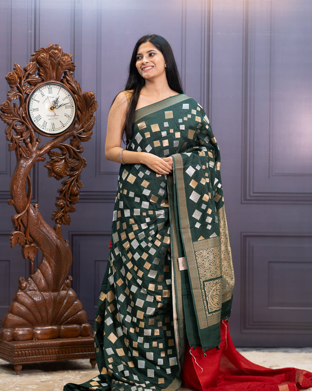 Banaras Silk Saree Gold & Silver Zari Butties and Border - Bottle Green