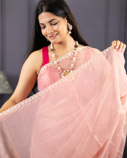 Soft Organza Tissue Saree With  Hand Work and Scallop Border-Light Pink