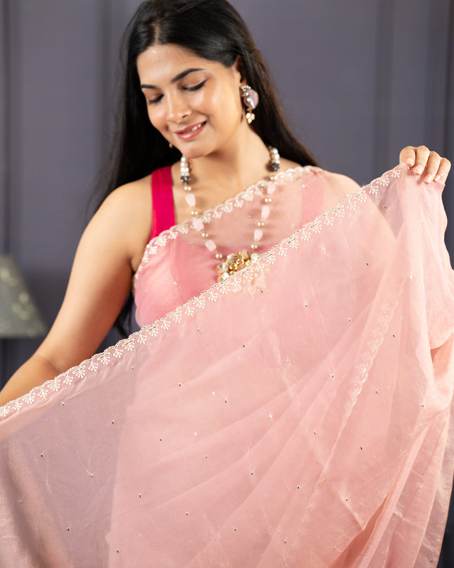Soft Organza Tissue Saree With  Hand Work and Scallop Border-Light Pink