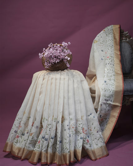 Tissue linen silk saree floral print with not work - Beige & Yellow