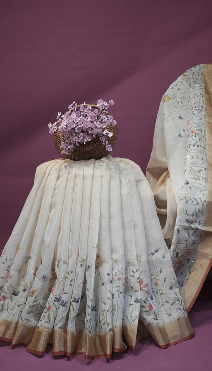 Tissue linen silk saree floral print with not work - Beige & Yellow