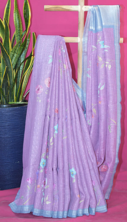 Linen silk saree floral Print contrast Border - Purple