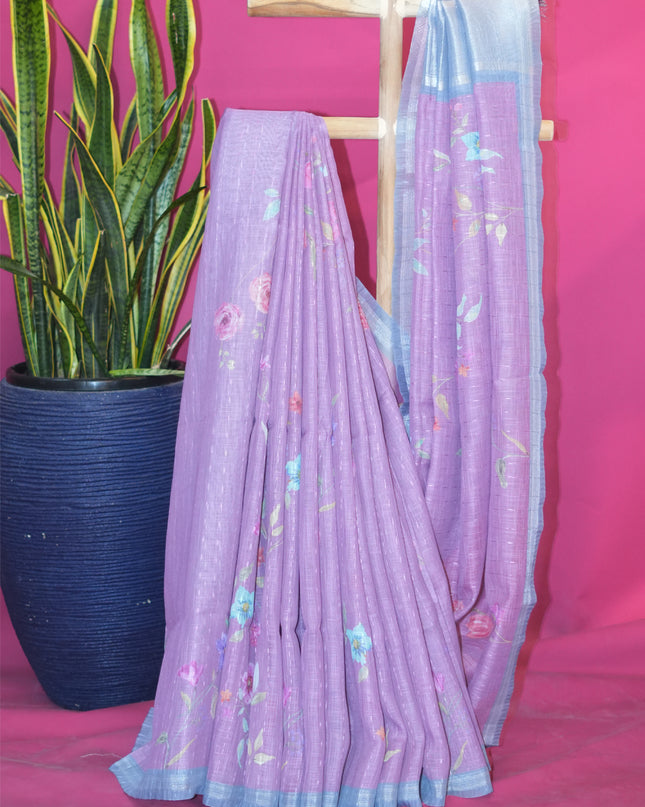 Linen silk saree floral Print contrast Border - Purple