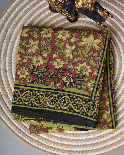 Mul cotton saree with Kalamkari print  contrast border  - Maroon