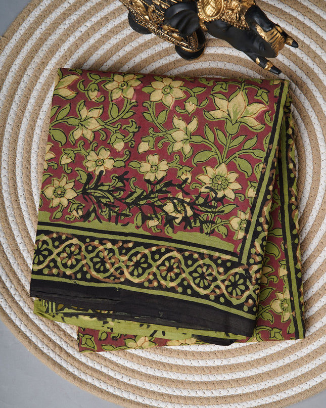 Mul cotton saree with Kalamkari print  contrast border  - Maroon