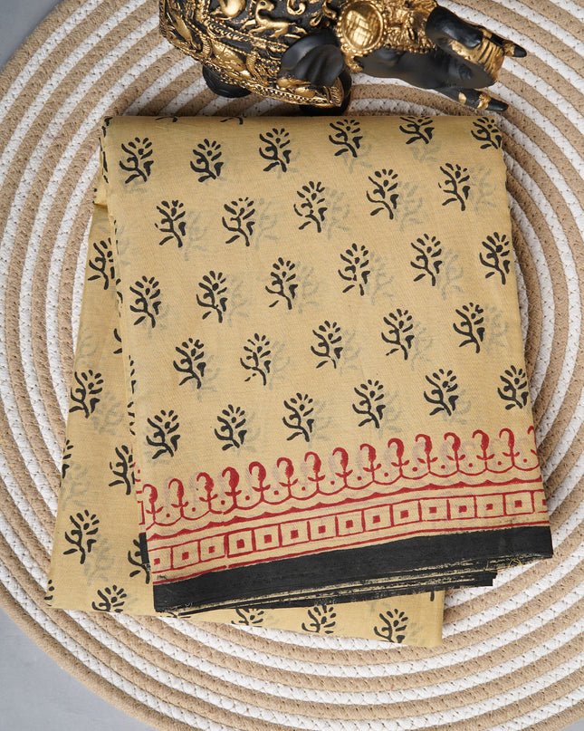 Mul cotton saree with block print and contrast border - Beige