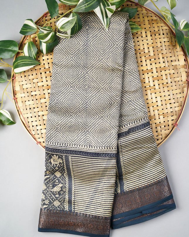 Chanderi Silk Saree With Antique Zari Border - Navi Blue