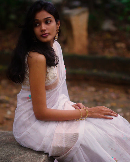 Mangalagiri Silk With Thread Embroidery Work and Silver Zari Border - White