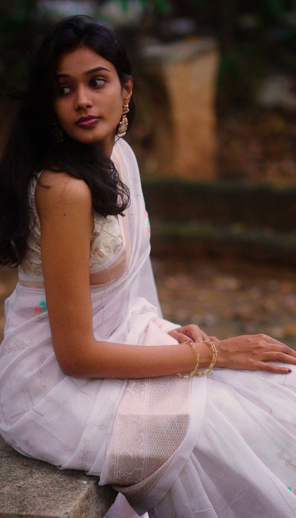 Mangalagiri Silk With Thread Embroidery Work and Silver Zari Border - White