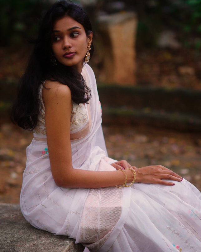 Mangalagiri Silk With Thread Embroidery Work and Silver Zari Border - White