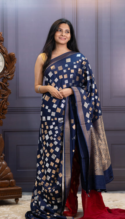 Banaras Silk Saree Gold & Silver Zari Butties and Border - Navy Blue