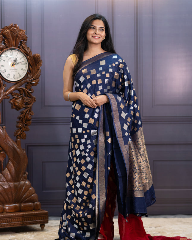 Banaras Silk Saree Gold & Silver Zari Butties and Border - Navy Blue