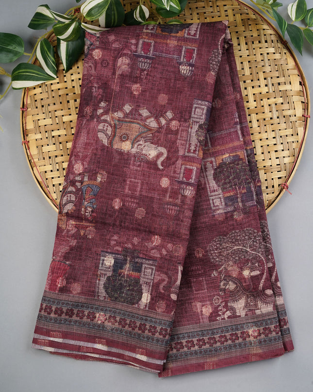 Silk Kota Saree With Digital Print And Gold Weaving Butties - Maroon