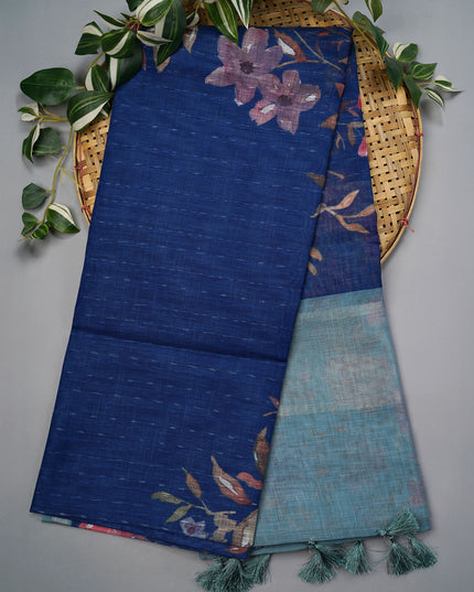 Linen Silk Floral Pallu With Silver Zari Border - Blue
