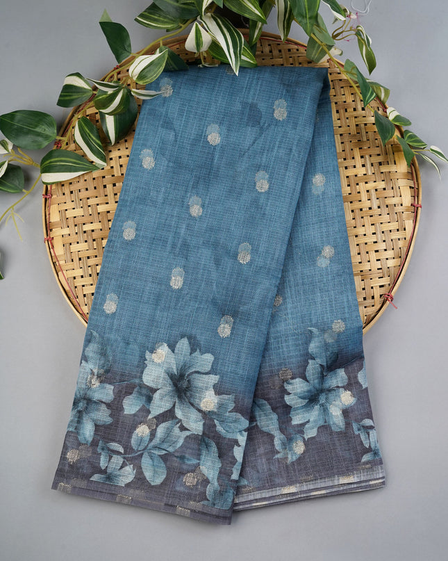 Silk Kota Saree With Gold Waving Butties And Floral Print Border - Sea Blue