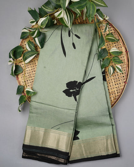 Muslin Silk Digital Print With Gold Zari Border - Sage Green