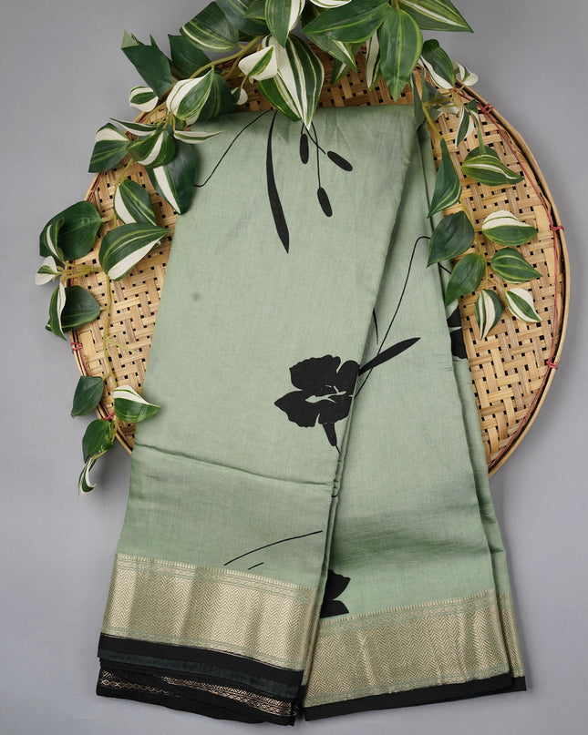 Muslin Silk Digital Print With Gold Zari Border - Sage Green