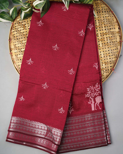 Mangalagiri Silk Saree With Thread Embroidery Butties And Silver Zari - Maroon