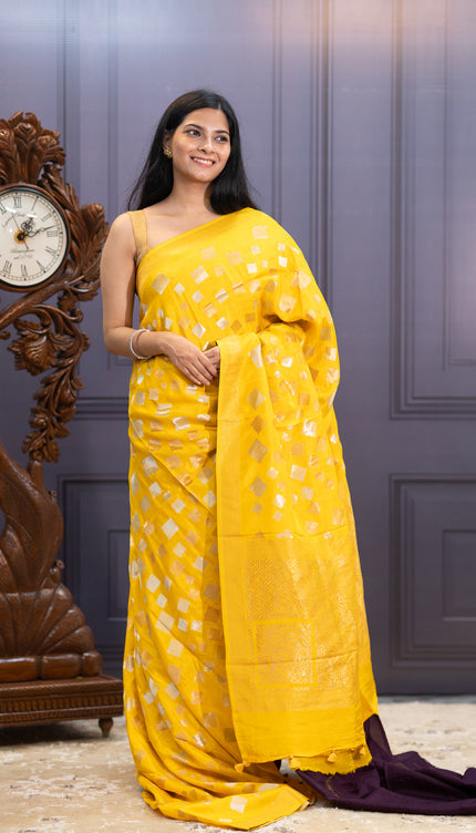 Banaras Silk Saree Gold & Silver Zari Butties and Border - Yellow