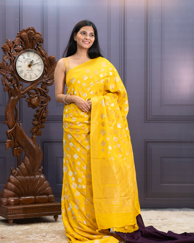 Banaras Silk Saree Gold & Silver Zari Butties and Border - Yellow