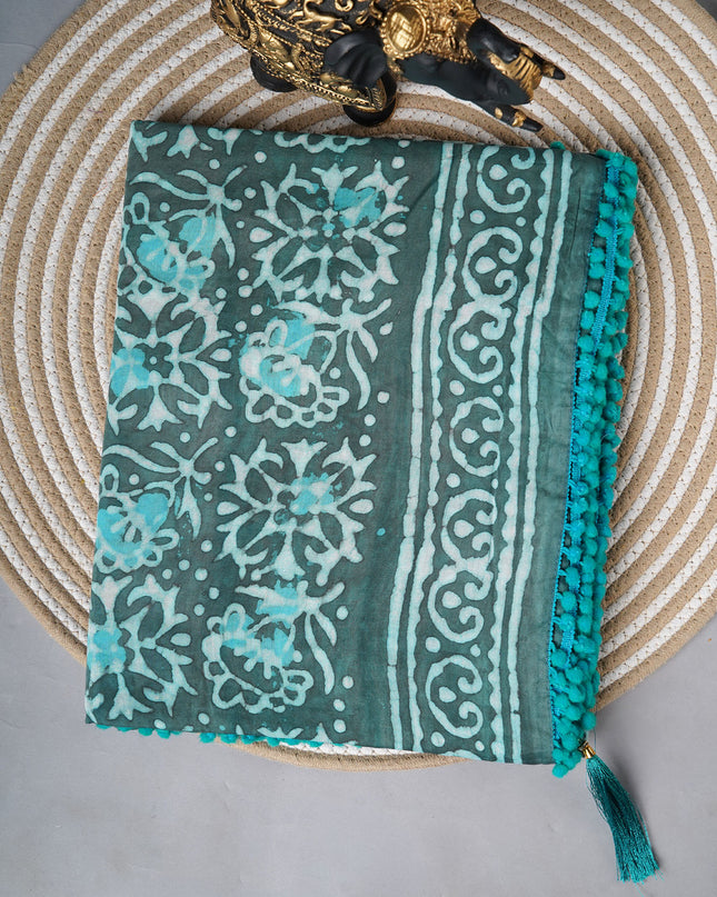 Cotton saree with block print and lace border - Teal Green