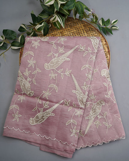 Linen Tissue Saree With Applique Work And Scallop Border - Lavender