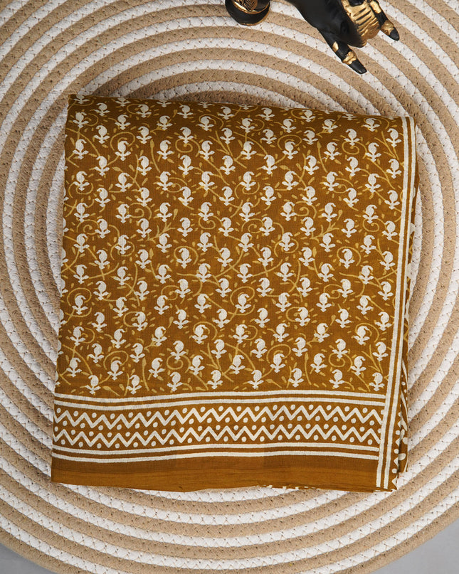 Mul Cotton Saree with  Block Printed - Mehandi Green