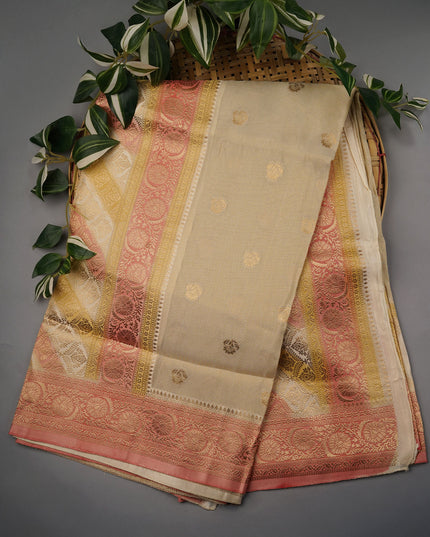 Tissue Banaras Saree with Gold Zari Butties and Contrast Border- Beige
