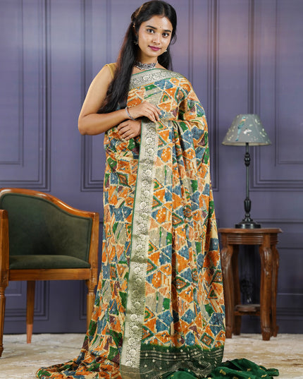 Korean crepe Saree with Floral Print With Golden Border