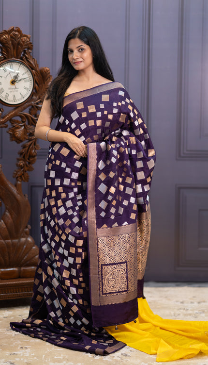 Banaras Silk Saree Gold & Silver Zari Butties and Border - Violet