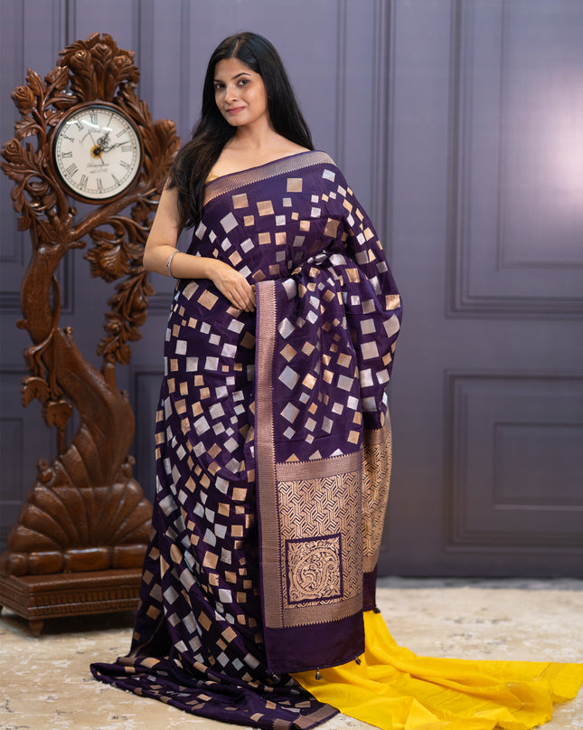 Banaras Silk Saree Gold & Silver Zari Butties and Border - Violet