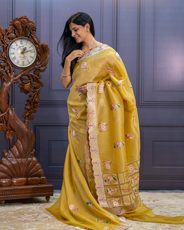 Tissue Soft Organza Silk with Zari & Thread Embroidery, Pichwai design -