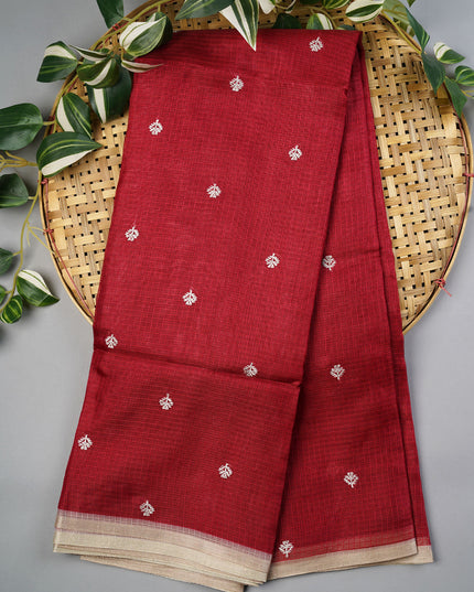 Silk Kota Saree With Allover Silver Zari Butties And Gold Border - Red