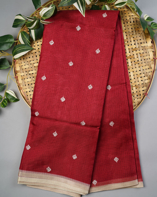 Silk Kota Saree With Allover Silver Zari Butties And Gold Border - Red