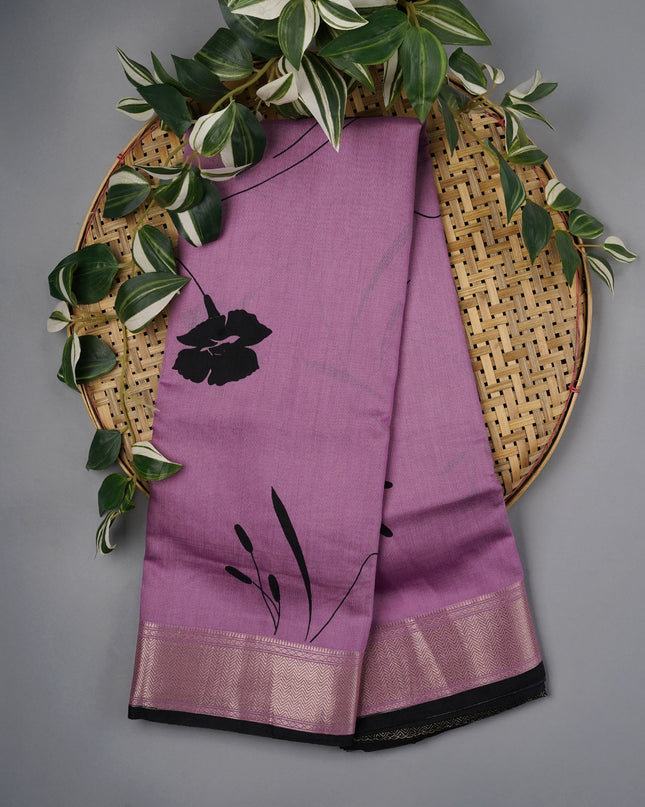 Muslin Silk Digital Print With Gold Zari Border - Onion Pink