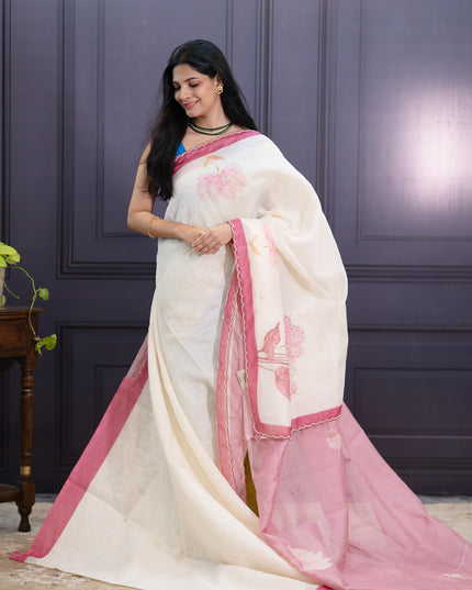 Linen With Pearl Work Scallop Border - Pink