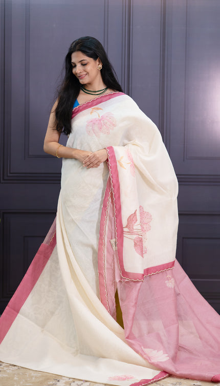 Linen With Pearl Work Scallop Border - Pink