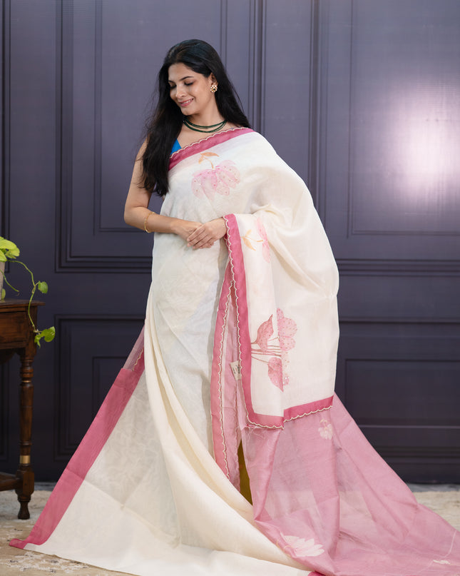 Linen With Pearl Work Scallop Border - Pink