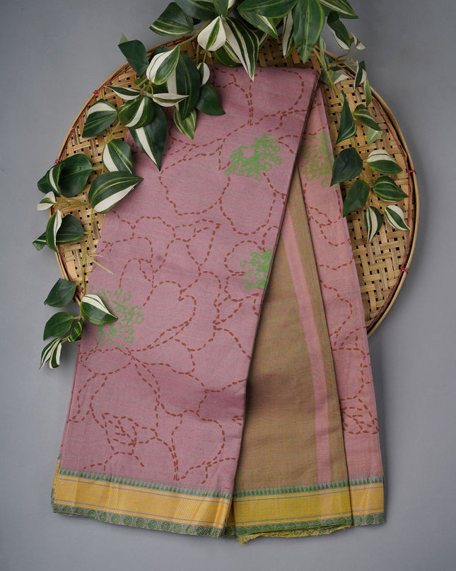 Cotton Printed Saree With Thread Weaving Border - Onion Pink