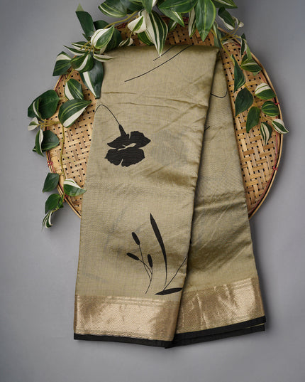 Muslin Silk Digital Print With Gold Zari Border - M Green