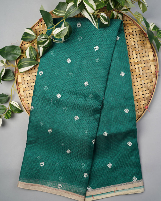 Silk Kota Saree With Allover Silver Zari Butties And Gold Border - Green