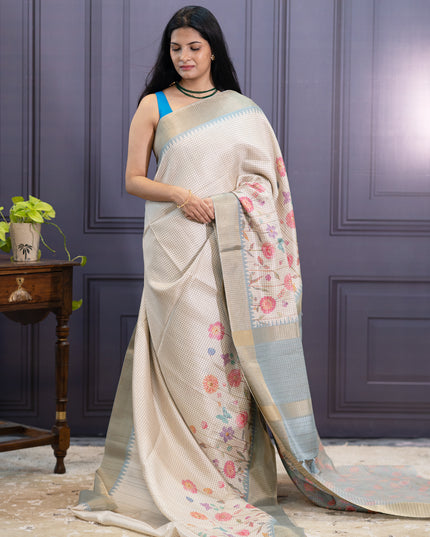 Semi Tusser silk Digetal Print With Golden Zari Border