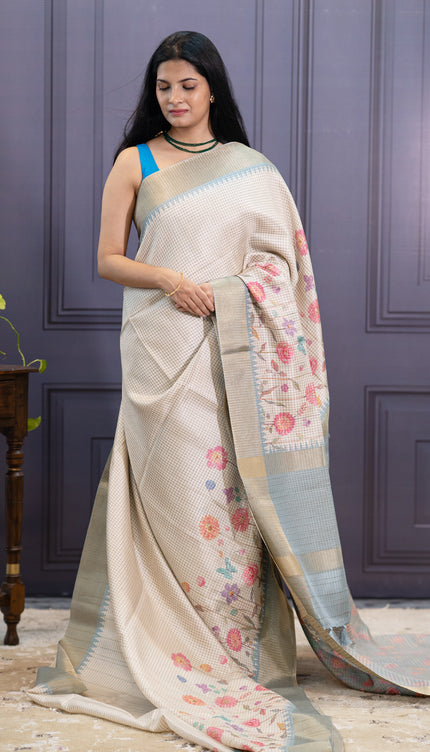 Semi Tusser silk Digetal Print With Golden Zari Border