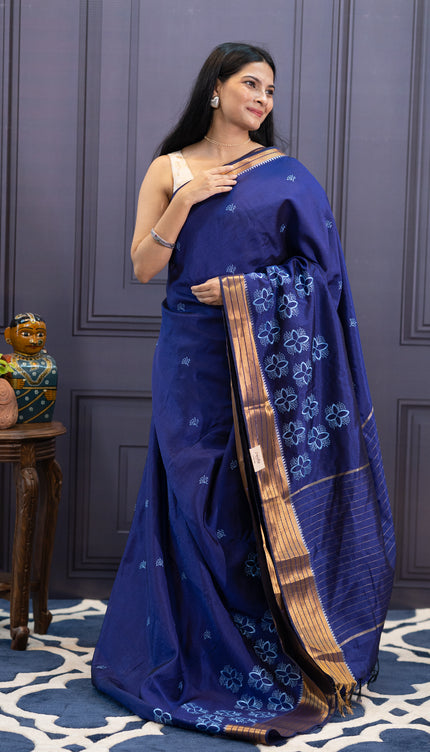 Mangalagiri Silk Embroidery Work With Golden Border - Blue