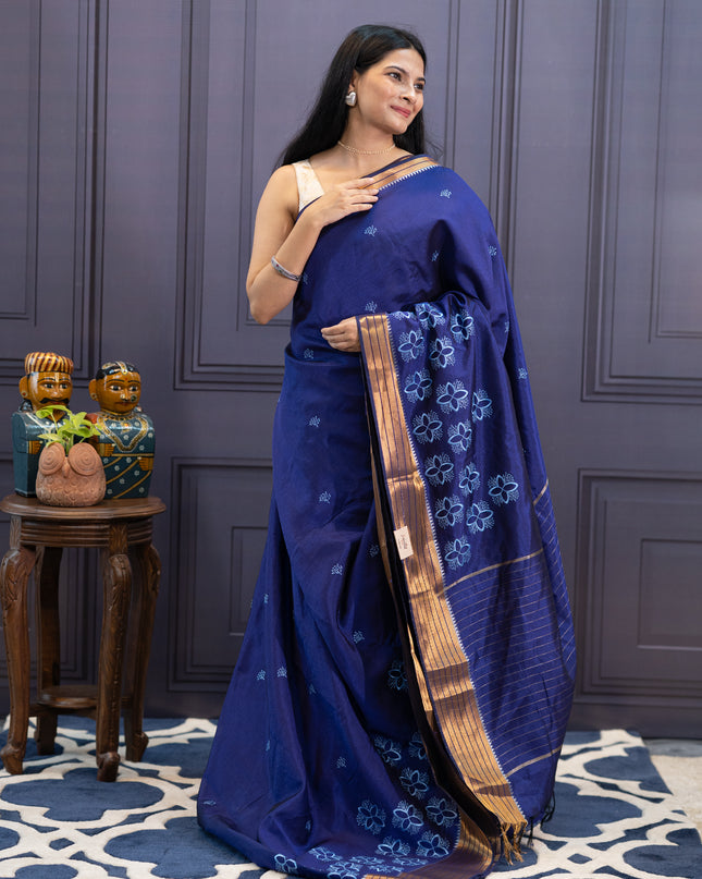 Mangalagiri Silk Embroidery Work With Golden Border - Blue