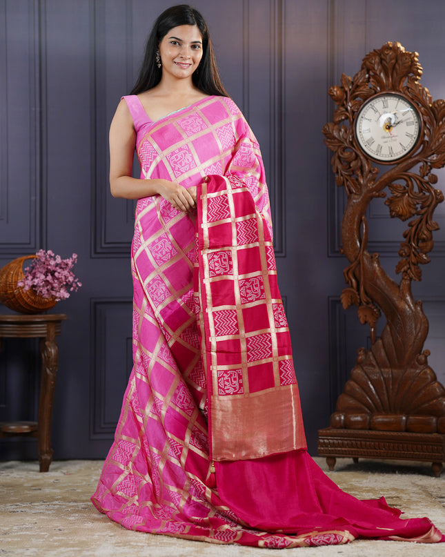 Dola Silk Saree with Bhandni  Weaving - Pink