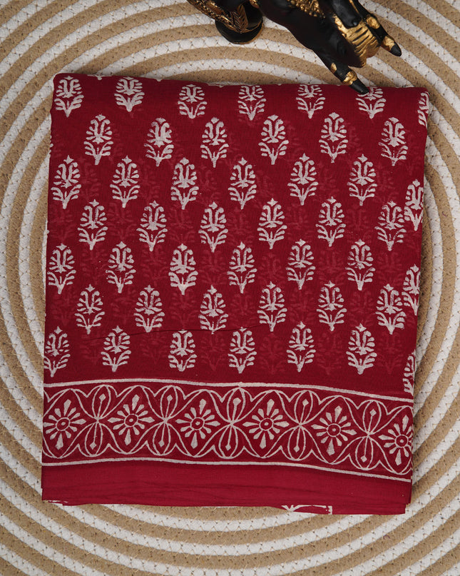 Mul Cotton Saree with  Block Printed - Red