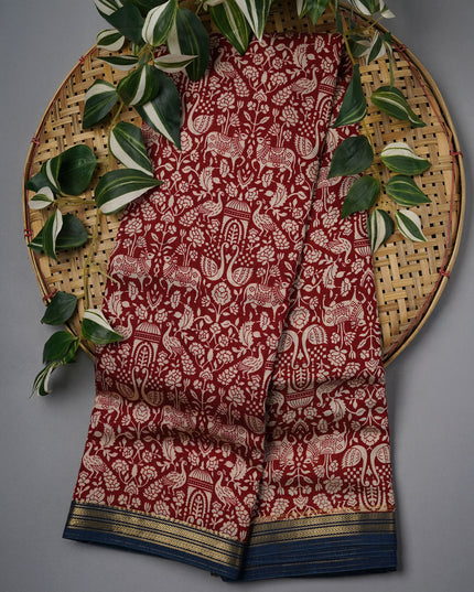 Muslin Silk With Allover Digital Print With Contrast Border - Maroon